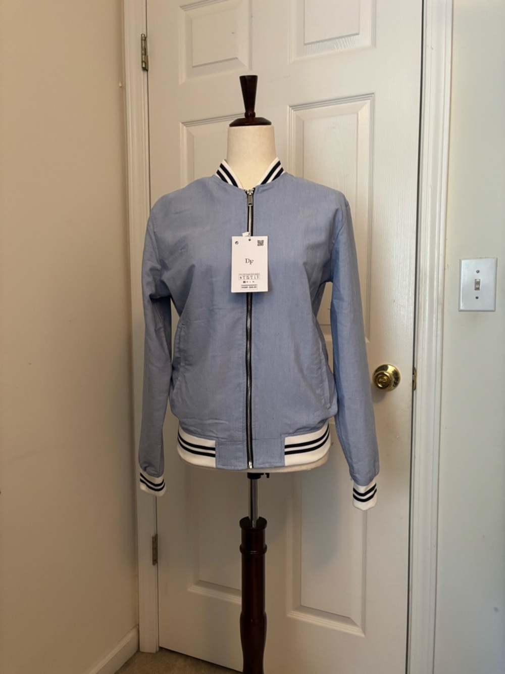 Denim & Flower Light Blue Bomber Jacket with Striped Trim